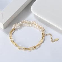 Load image into Gallery viewer, 925 Sterling Silver Plated Gold Fashion Elegant Irregular Freshwater Pearl Double Layer Geometric Bracelet