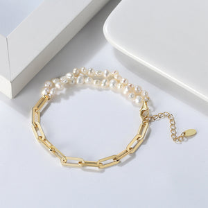 925 Sterling Silver Plated Gold Fashion Elegant Irregular Freshwater Pearl Double Layer Geometric Bracelet