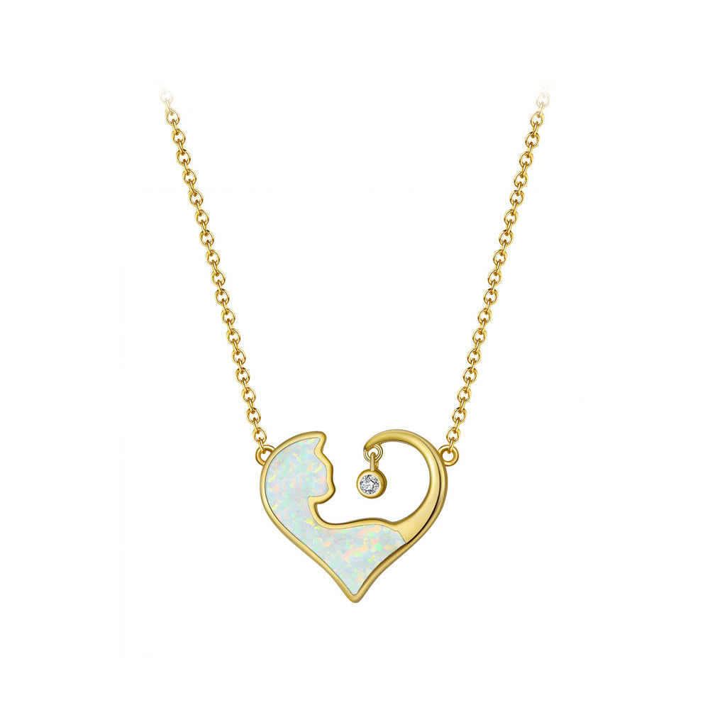 925 Sterling Silver Plated Gold Simple Fashion Heart Shaped White Cat Pendant with Cubic Zirconia and Necklace