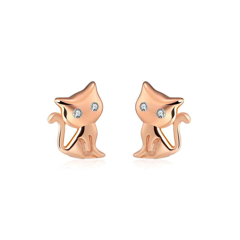 925 Sterling Silver Plated Rose Gold Simple Cute Cat Stud Earrings with Cubic Zirconia