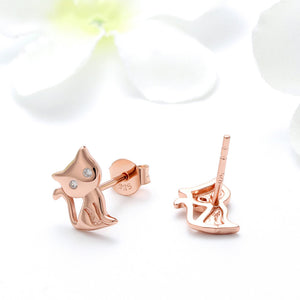 925 Sterling Silver Plated Rose Gold Simple Cute Cat Stud Earrings with Cubic Zirconia