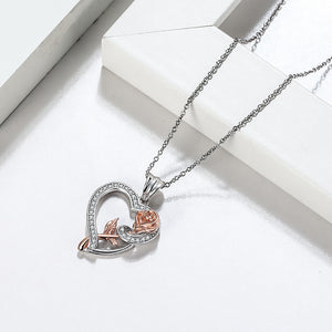 925 Sterling Silver Fashion Elegant Rose Hollow Heart Pendant with Cubic Zirconia and Necklace