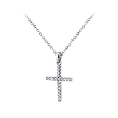925 Sterling Silver Simple Bright Cross Pendant with Cubic Zirconia and Necklace