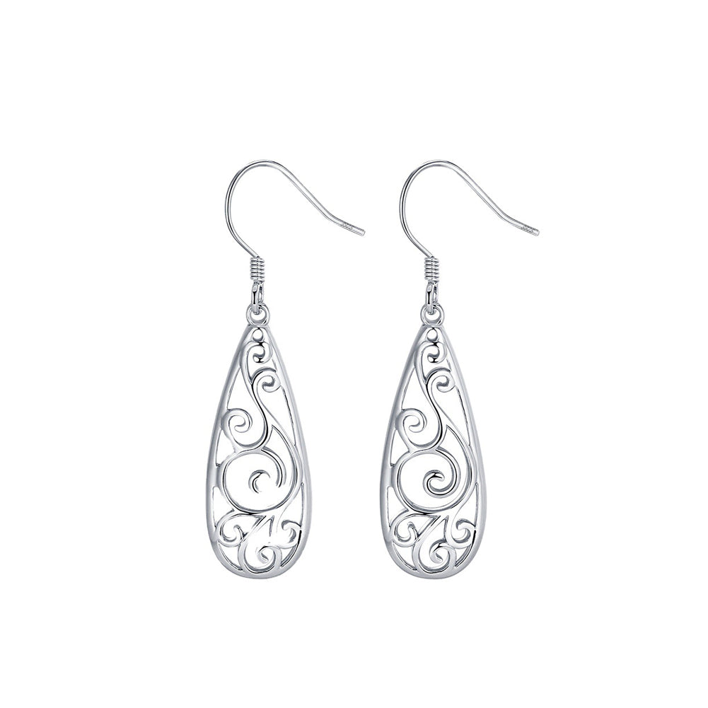 925 Sterling Silver Fashion Elegant Hollow Pattern Water Drop Shape Geometric Earrings