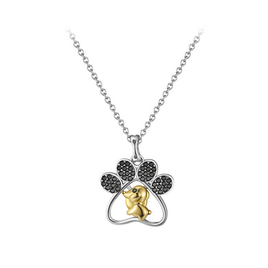 925 Sterling Silver Fashion Cute Gold Dog Footprint Pendant with Cubic Zirconia and Necklace