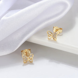 925 Sterling Silver Plated Gold Simple Fashion Hollow Butterfly Stud Earrings with Cubic Zirconia