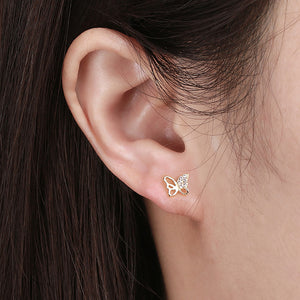 925 Sterling Silver Plated Gold Simple Fashion Hollow Butterfly Stud Earrings with Cubic Zirconia