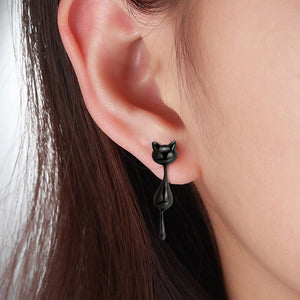 925 Sterling Silver Simple Cute Black Cat Stud Earrings