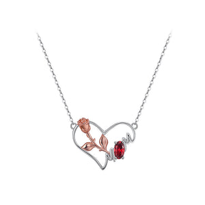 925 Sterling Silver Elegant Rose Mom Heart Pendant with Garnet and Necklace
