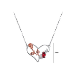 925 Sterling Silver Elegant Rose Mom Heart Pendant with Garnet and Necklace
