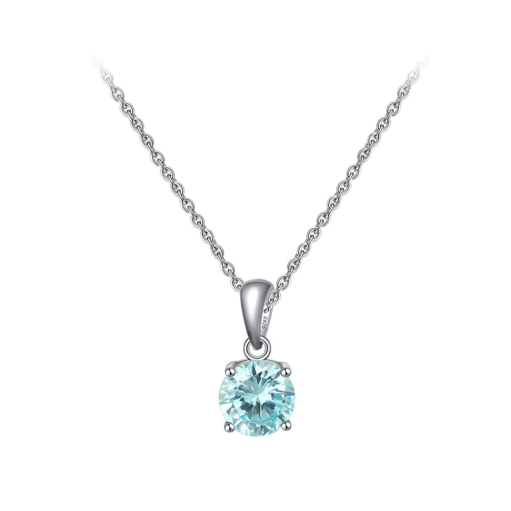 925 Sterling Silver Simple Fashion March Birthstone Geometric Pendant with Light Blue Cubic Zirconia and Necklace