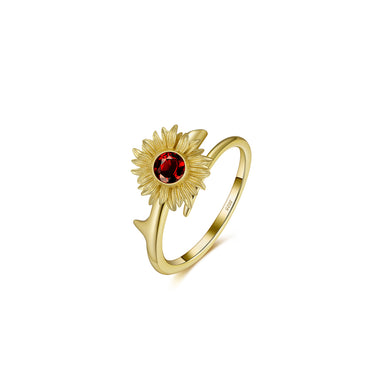 925 Sterling Silver Plated Gold Fashion Elegant Sunflower Adjustable Open Ring with Garnet