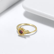 Load image into Gallery viewer, 925 Sterling Silver Plated Gold Fashion Elegant Sunflower Adjustable Open Ring with Garnet