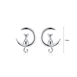 925 Sterling Silver Simple Cute Moon Cat Stud Earrings
