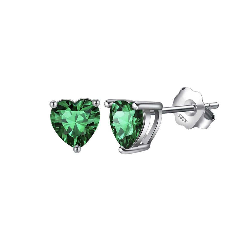 925 Sterling Silver Simple Fashion May Birthstone Heart Stud Earrings with Green Cubic Zirconia