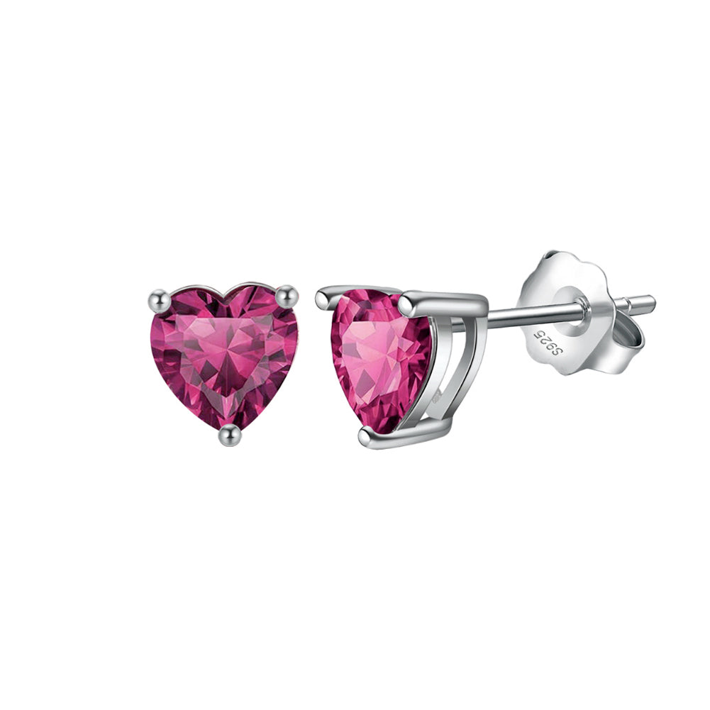 925 Sterling Silver Simple Fashion July Birthstone Heart Stud Earrings with Rose Red Cubic Zirconia