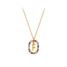 Load image into Gallery viewer, 925 Sterling Silver Plated Gold Fashion Personality Alphabet F Hollow Geometric Oval Pendant with Colorful Cubic Zirconia and Necklace