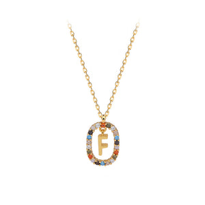 925 Sterling Silver Plated Gold Fashion Personality Alphabet F Hollow Geometric Oval Pendant with Colorful Cubic Zirconia and Necklace