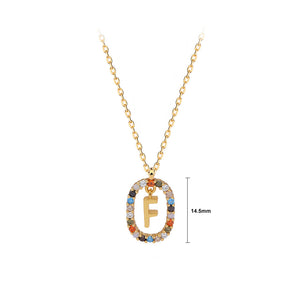 925 Sterling Silver Plated Gold Fashion Personality Alphabet F Hollow Geometric Oval Pendant with Colorful Cubic Zirconia and Necklace