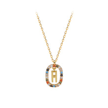 Load image into Gallery viewer, 925 Sterling Silver Plated Gold Fashion Personality Alphabet H Hollow Geometric Oval Pendant with Colorful Cubic Zirconia and Necklace