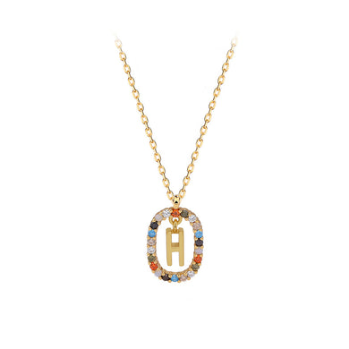 925 Sterling Silver Plated Gold Fashion Personality Alphabet H Hollow Geometric Oval Pendant with Colorful Cubic Zirconia and Necklace