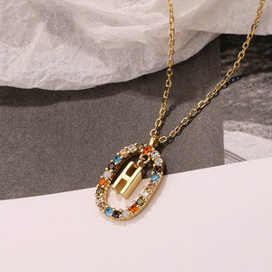 925 Sterling Silver Plated Gold Fashion Personality Alphabet H Hollow Geometric Oval Pendant with Colorful Cubic Zirconia and Necklace