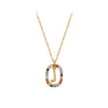 Load image into Gallery viewer, 925 Sterling Silver Plated Gold Fashion Personality Alphabet J Hollow Geometric Oval Pendant with Colorful Cubic Zirconia and Necklace