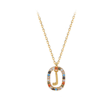 925 Sterling Silver Plated Gold Fashion Personality Alphabet J Hollow Geometric Oval Pendant with Colorful Cubic Zirconia and Necklace