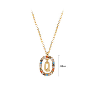 925 Sterling Silver Plated Gold Fashion Personality Alphabet Q Hollow Geometric Oval Pendant with Colorful Cubic Zirconia and Necklace