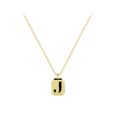 925 Sterling Silver Plated Gold Simple Fashion Geometric Square Alphabet J Pendant with Black Agent and Necklace