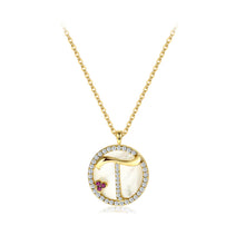 Load image into Gallery viewer, 925 Sterling Silver Plated Gold Fashion Alphabet T Geometric Round Mother-of-pearl Pendant with Cubic Zirconia and Necklace