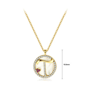 925 Sterling Silver Plated Gold Fashion Alphabet T Geometric Round Mother-of-pearl Pendant with Cubic Zirconia and Necklace