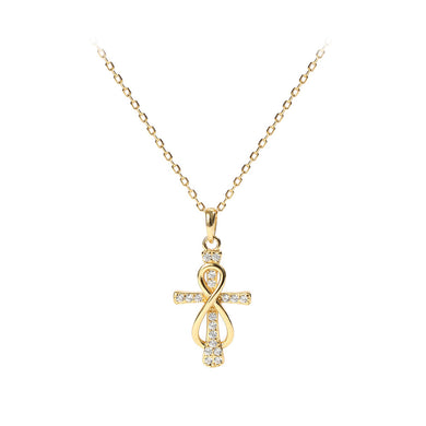 925 Sterling Silver Plated Gold Fashion Temperament Cross Infinity Symbol Pendant with Cubic Zirconia and Necklace
