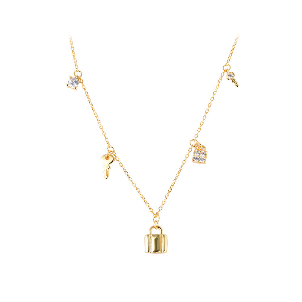 925 Sterling Silver Plated Gold Fashion Simple Lock Key Pendant with Cubic Zirconia and Necklace