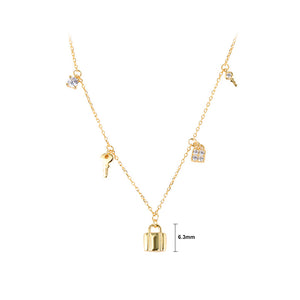 925 Sterling Silver Plated Gold Fashion Simple Lock Key Pendant with Cubic Zirconia and Necklace