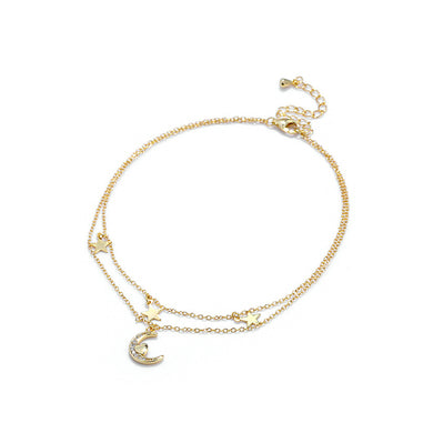 925 Sterling Silver Plated Gold Simple Fashion Moon Star Double Layer Anklet with Cubic Zirconia