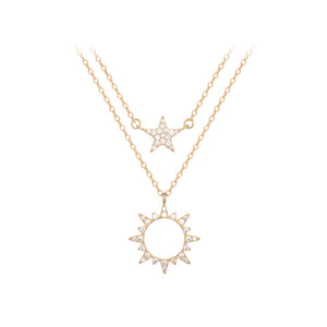 925 Sterling Silver Plated Gold Fashion Creative Sun Star Double Layer Pendant with Cubic Zirconia and Necklace