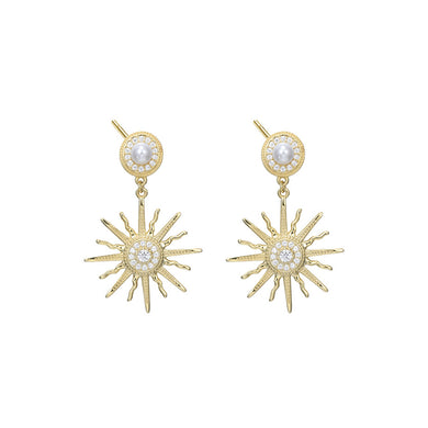 925 Sterling Plated Silver Gold Elegant Fashion Sun Imitation Pearl Earrings with Cubic Zirconia