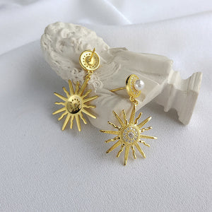 925 Sterling Plated Silver Gold Elegant Fashion Sun Imitation Pearl Earrings with Cubic Zirconia