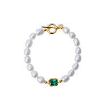 Load image into Gallery viewer, 925 Sterling Silver Plated Gold Fashion Elegant Geometric Square Green Cubic Zirconia Imitation Pearl Bracelet