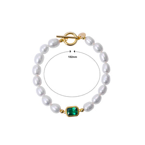 925 Sterling Silver Plated Gold Fashion Elegant Geometric Square Green Cubic Zirconia Imitation Pearl Bracelet