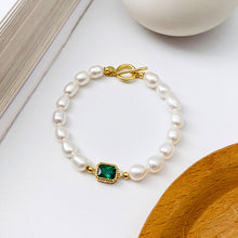 Load image into Gallery viewer, 925 Sterling Silver Plated Gold Fashion Elegant Geometric Square Green Cubic Zirconia Imitation Pearl Bracelet
