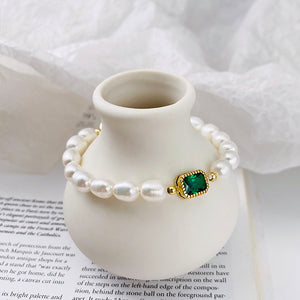 925 Sterling Silver Plated Gold Fashion Elegant Geometric Square Green Cubic Zirconia Imitation Pearl Bracelet