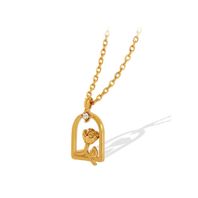 Fashion Simple Plated Gold Rose Geometric Pendant with Cubic Zirconia and Necklace