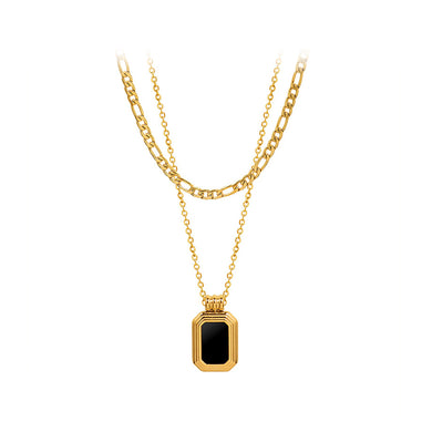 Fashion Simple Plated Gold 316L Stainless Steel Geometric Square Black Shell Pendant with Double Layer Necklace