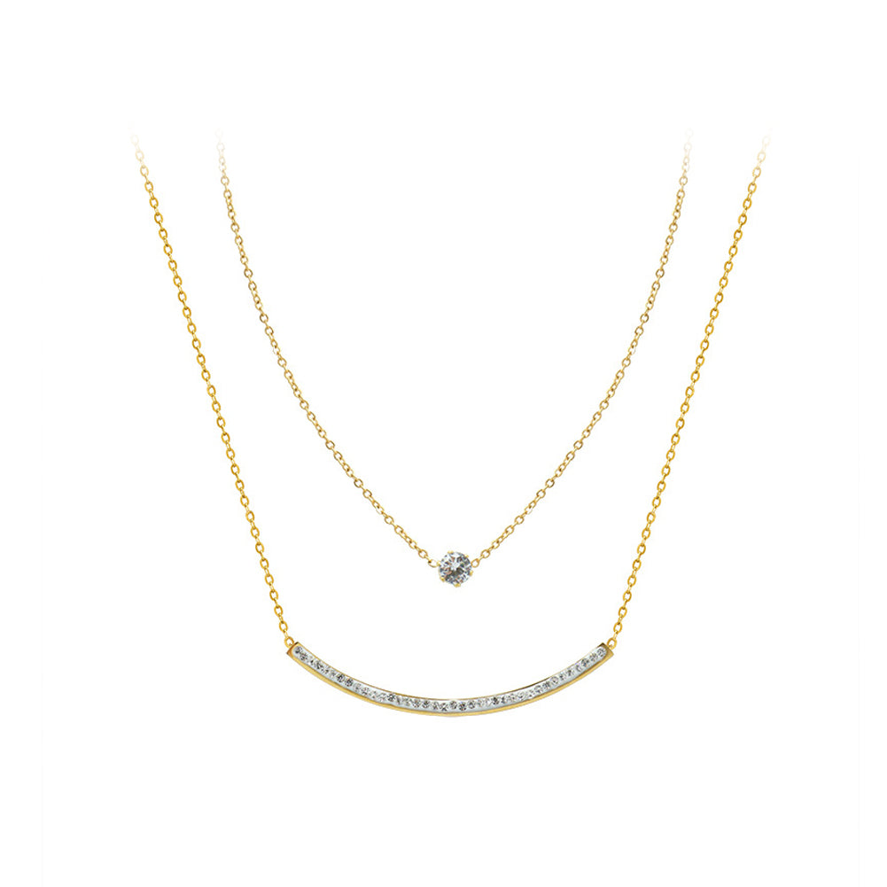 Simple and Creative Plated Gold Smiley Curved Geometric 316L Stainless Steel Double Layer Necklace with Cubic Zirconia