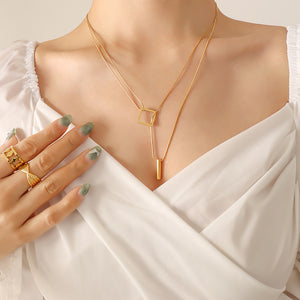 Simple Personality Plated Gold 316L Stainless Steel Hollow Square Geometric Double Layer Necklace