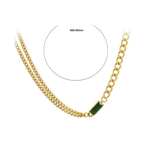 Fashion Simple Plated Gold 316L Stainless Steel Geometric Square Green Cubic Zirconia Double Layer Necklace