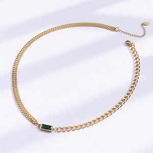 Fashion Simple Plated Gold 316L Stainless Steel Geometric Square Green Cubic Zirconia Double Layer Necklace