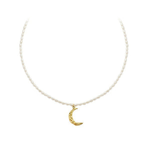 Fashion Elegant Plated Gold 316L Stainless Steel Moon Pendant with Imitation Pearl Necklace